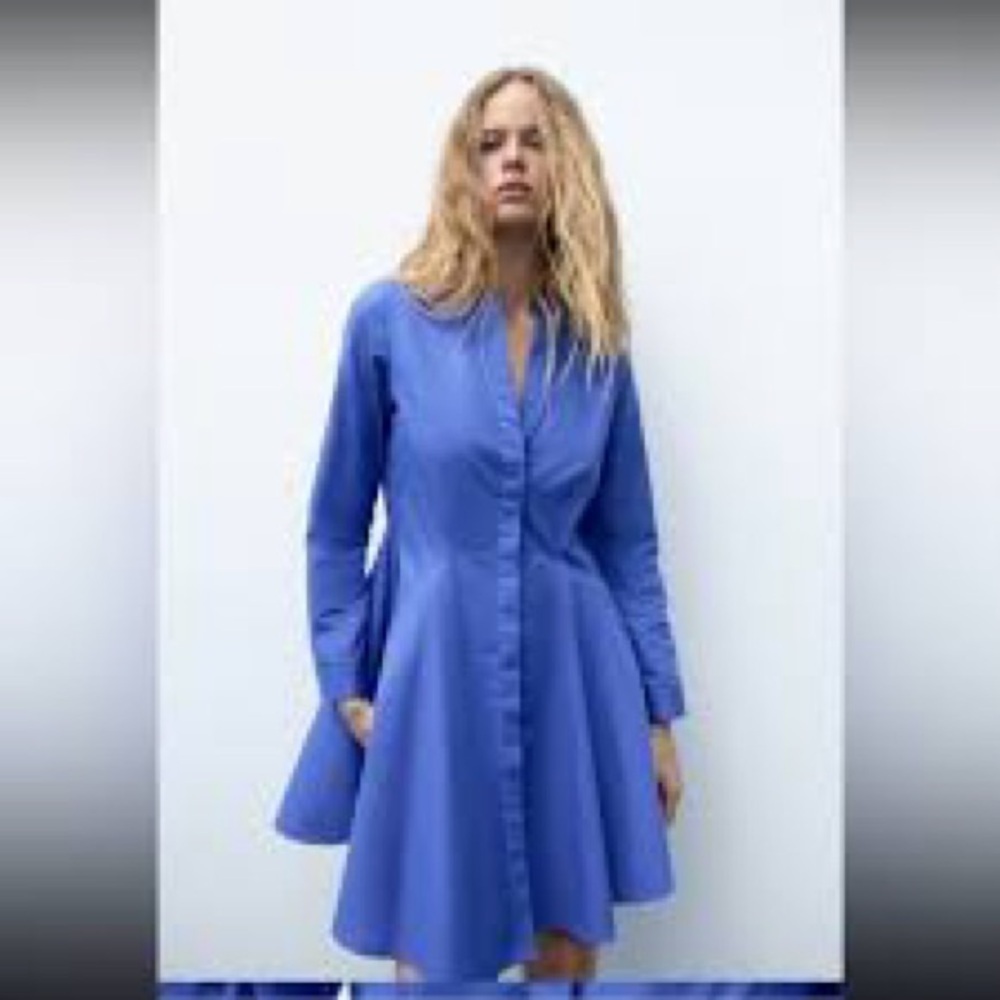 Zara Blue Poplin High Low Peplum Tunic Shirt 100% Cotton V-Neck Button Top S